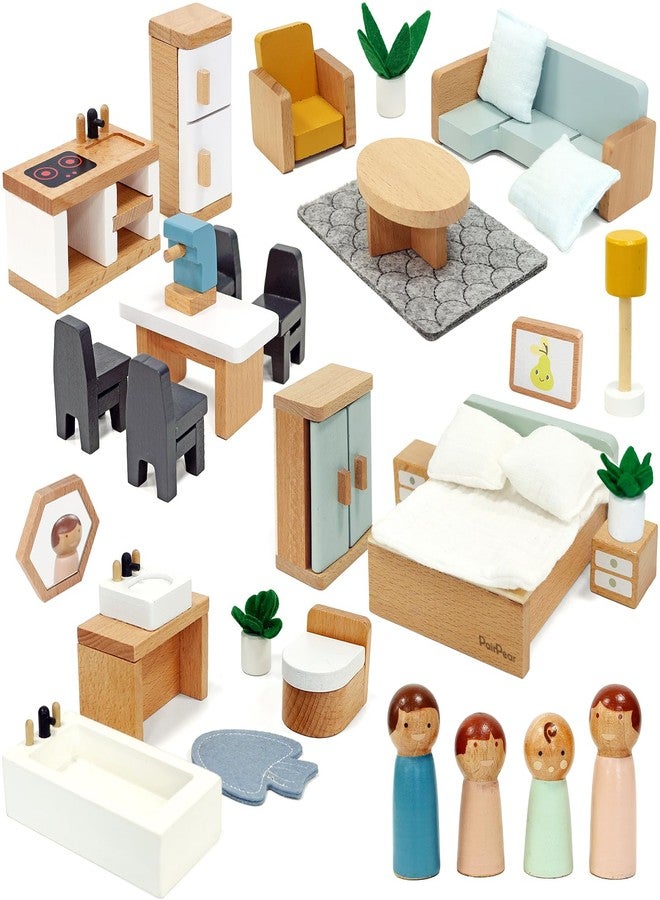 PairPear Wooden Toys Dollhouse Furniture Playset,35 Piece Furnitures with Family Dolls,Doll House Accessories Pretend Play Gift for Girls and Boys 3 Year and Up - Image 1